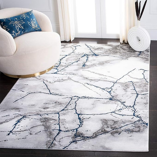 SAFAVIEH Craft Collection Area Rug - 4' Square, Ivory Grey & Blue, Modern Abstract Design, Non-Shedding & Easy Care, Ideal for High Traffic Areas in Living Room, Bedroom (CFT877M)