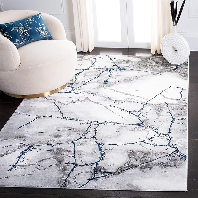 SAFAVIEH Craft Collection Accent Rug - 2'7" x 5', Ivory Grey & Blue, Modern Abstract Design, Non-Shedding & Easy Care, Ideal for High Traffic Areas in Entryway, Living Room, Bedroom (CFT877M)