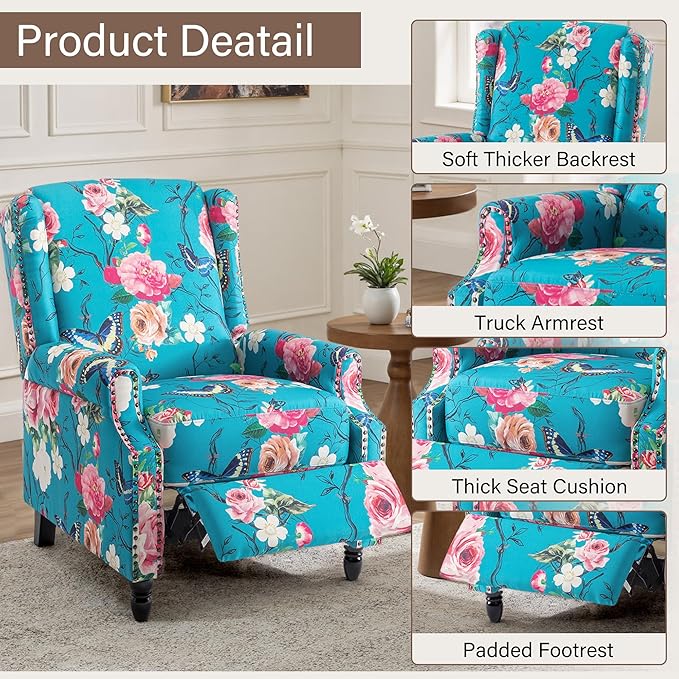 UIXE Pushback Floral Recliner Chairs Set of 2, Fabric Upholstered Armchair Push Back Accent Chair for Living Room, Rivet Trim Club Chair Single Sofa Bedroom Side Reading Seat - Peacock Blue