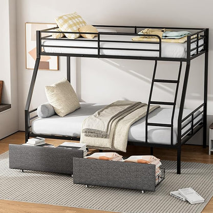 Bunk Beds Twin Over Full Size, Heavy Duty Bunk Beds with 2 Storage Drawers, Safety Guardrails & Padded Ladder, Twin Over Full Bunk Bed, No Box Spring Needed, Black