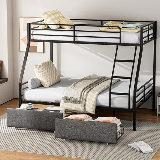 Bunk Beds Twin Over Full Size, Heavy Duty Bunk Beds with 2 Storage Drawers, Safety Guardrails & Padded Ladder, Twin Over Full Bunk Bed, No Box Spring Needed, Black