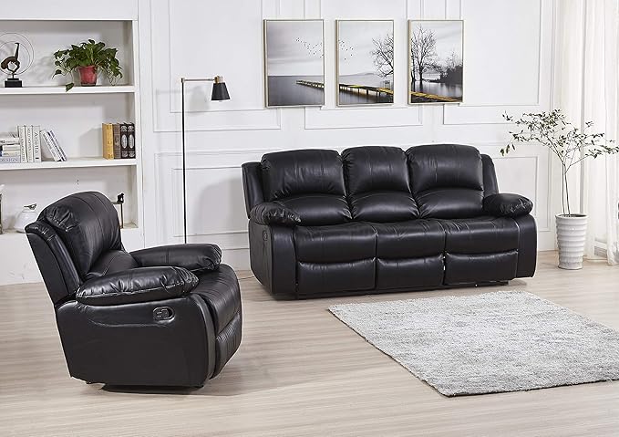 Betsy Furniture Black Bonded Leather Recliner Set, Sofa, Loveseat, Chair 8018