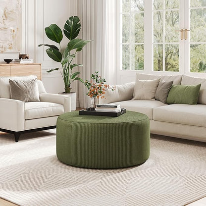 Christopher Knight Home GAVI Corduroy Ottoman Foot Stool, 30" Pouf Footstool Ottoman Seat, Upholstered Foot Chair, Round Footrest, Modern Side Table for Living Room Bedroom Home Decor, Olive Green