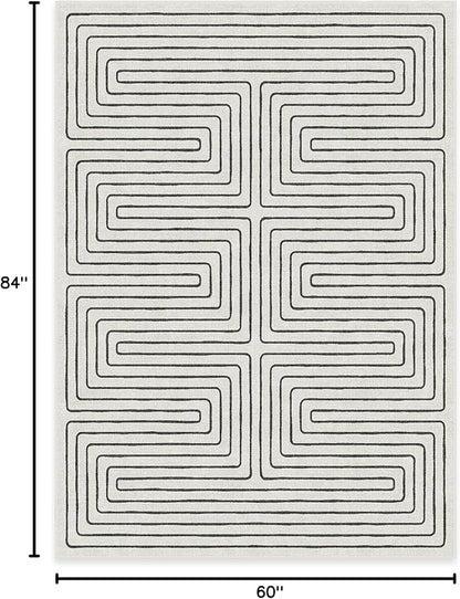 RUGGABLE x Jonathan Adler Machine Washable Modern Area Rug – Labyrinth Black/Ivory 5x7, Stain-Resistant, Non-Slip – Medium Rugs for Living Room, Bedroom, Hallway, Entryway & Office–with Standard Pad
