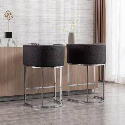 Bar Stools 29" Counter Height Bar Stools Upholstered Fabric Barstool Modern Barrel Counter Stool Kitchen Counter Island Stools with Chrome Metal Base, Charcoal