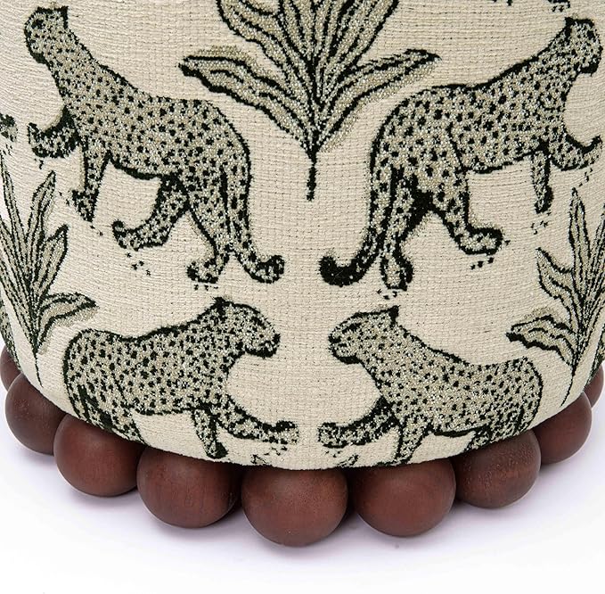 First of a Kind Ottoman Foot Rest - Cream Fabric Round Ottoman Stool with Solid Wood Spherical Orbs - 15.7" W x 15.7" D x 18.3" H - Handmade, Easy Clean, 330 lbs Weight Capacity