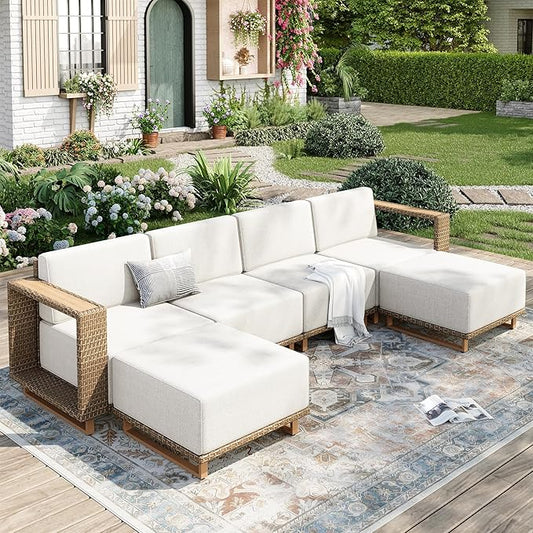 Outdoor Patio Furniture Set, 6 Piece Outdoor Rattan Wicker Sofa Couch, Sectional Outdoor Conversation Sets with 10" Extra Thick Cushions for Deck Backyard Lawn