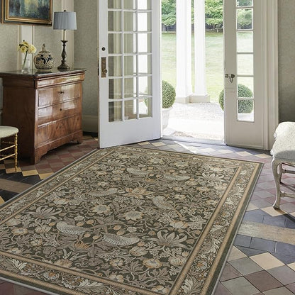 RUGGABLE x Morris & Co Washable Area Rug–Strawberry Thief Stone Gold 6x9, Stain-Resistant, Non-Slip–Medium Machine Washable Rugs for Living Room, Bedroom, Hallway, Entryway & Office–with Standard Pad