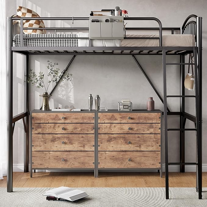Metal Loft Bed Twin Size, Twin Loft Bed with Bedside Caddy, Convertible Ladder & Full-Length Guardrails, Space-Saving & Noise Free Design, No Box Spring Needed, Loftbed Frame for Teens Adults