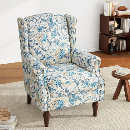 UIXE High Back Floral Accent Chair, Fabric Upholstered Armchair Wingback Arm Chair for Living Room, Nailhead Trim Single Sofa Bedroom Side Reading Seat with Retro Solid Wood Legs - Boho Blue