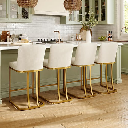 MAISON ARTS Off White & Gold Counter Height Bar Stools with Back Set of 3 for Kitchen Counter 24 Inch Modern Upholstered Faux Leather Barstools Farmhouse Bar Chairs Luxury Island Stools Support 330LBS