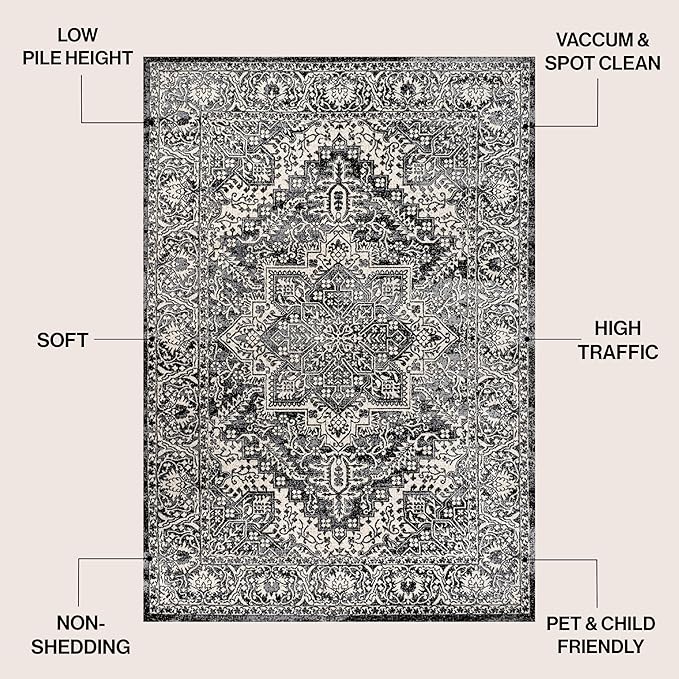 JONATHAN Y Vintage Medallion Indoor Area Rug Black 3X5, Modern Boho for Living Room, Bedroom, Kitchen, Office, Easy-Cleaning, High Traffic, Pet-Friendly, Non-Shedding MDP100D-3