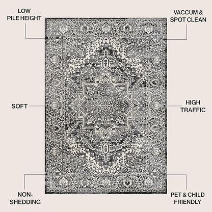 JONATHAN Y Vintage Medallion Indoor Area Rug Black 5X8, Modern Boho for Living Room, Bedroom, Kitchen, Office, Easy-Cleaning, High Traffic, Pet-Friendly, Non-Shedding MDP100D-5