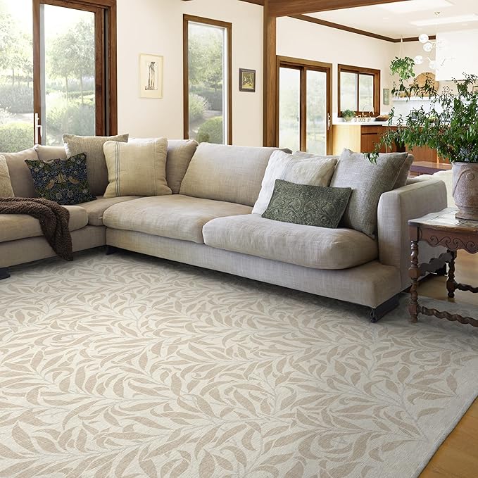 RUGGABLE x Morris & Co Machine Washable Area Rug – Pure Willow Boughs Natural 9x12, Stain-Resistant, Non-Slip – Large Rugs for Living Room, Bedroom, Hallway, Entryway & Office–with Cushioned Pad