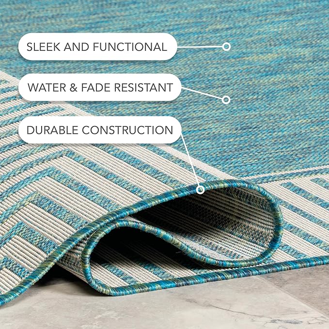 nuLOOM 9'6" x 12' Outdoor Area Rug, Casual Design With Striped Border, Stain Resistant, Highly Durable, For Patio, Balcony, Bedroom, Living Room, Dining Room, Bathroom, Teal