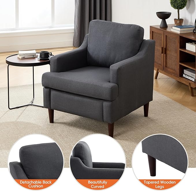 Mid-Century Accent Chair Modern Linen Fabric Armchair for Living Room,Comfy Upholstered Reading Chairs for Bedroom,Single Sofa Chair with Wood Legs (Darkgrey, Set of 2)