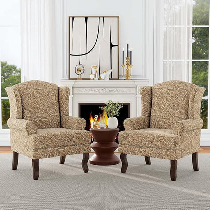 Accent Chair, High Back Upholstered Armchair with High Resilience Sponge & Wood Legs, Mid-Century Modern Comfy Single Sofa Reading Chairs for Living Room, Bedroom (Floral Light Brown, Set of 1)