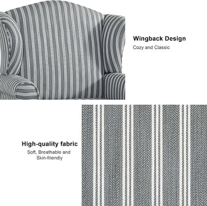 Accent Chair, High Back Upholstered Armchair with High Resilience Sponge & Wood Legs, Mid-Century Modern Comfy Single Sofa Reading Chairs for Living Room, Bedroom (Stripe Grey, Set of 2)