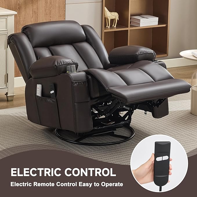 Power Swivel Rocker Recliner Chair with Heat and Massage, USB and Type-C Charging Port, Electric Glider Rocking Chairs, Oversized Recliner Chairs for Adults(Leather, Dark Brown)