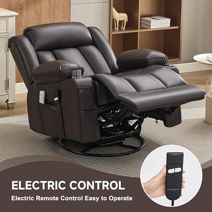 Power Swivel Rocker Recliner Chair with Heat and Massage, USB and Type-C Charging Port, Electric Glider Rocking Chairs, Oversized Recliner Chairs for Adults(Leather, Dark Brown)