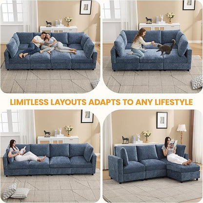 4-Seater Modular Sectional Cloud Sofa with Ottoman, Convertible L-Shaped Couch for Living Room, Modern Deep Seat Modular Sofa, Chenille Blue