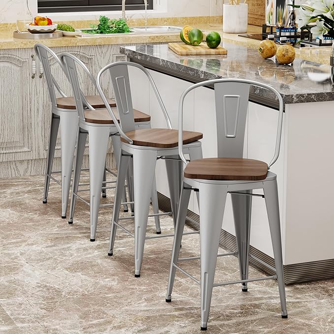 Aklaus Swivel Metal Bar Stools with Backs Counter Stools Set of 4 Counter Height Stools High Back Bar Chairs 26 Inches Barstools Farmhouse Silver