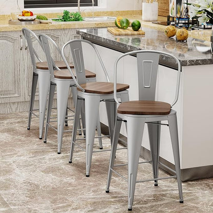 Aklaus Swivel Metal Bar Stools with Backs Counter Stools Set of 4 Counter Height Stools High Back Bar Chairs 26 Inches Barstools Farmhouse Silver