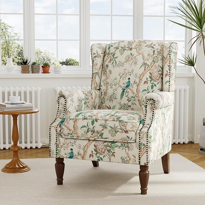 Accent Chair, Upholstered High Back Floral Armchair with Nailhead Trim & Wood Legs, Comfy Wingback Reading Single Sofa Chair for Small Spaces, Living Room, Bedroom