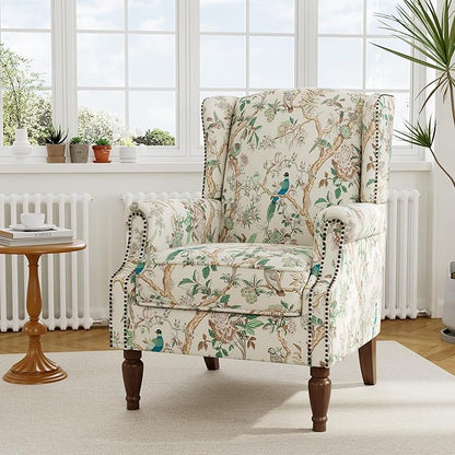 Accent Chair, Upholstered High Back Floral Armchair with Nailhead Trim & Wood Legs, Comfy Wingback Reading Single Sofa Chair for Small Spaces, Living Room, Bedroom (Bird Floral, Set of 2)