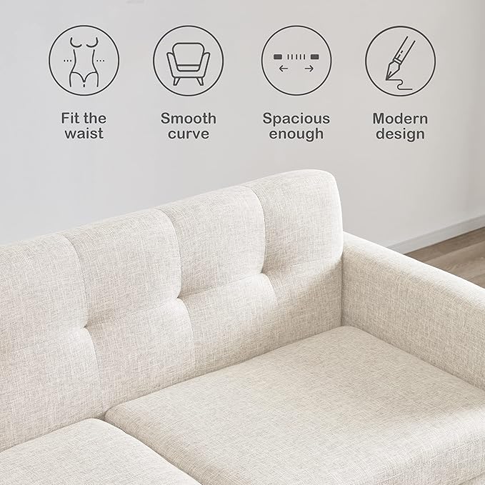 Tbfit Loveseat Sofa, 65" W Mid Century Modern Love Seat Couches for Living Room, Button Tufted Upholstered Small Sofa Couch for Bedroom, Beige