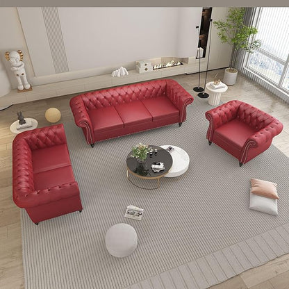 Chesterfield Loveseat Sofa, Modern Leather Small Sofa Couch 2 Seater with Rolled Arms and Nailhead, Mid Century Modern Loveseat Couch for Small Spaces Living Room Bedroom Apartment, Claret