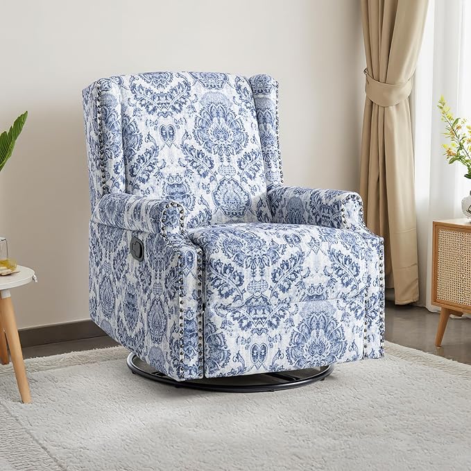 UIXE Swivel Rocker Manual Recliner Chair, Wingback Swivel Glider Fabric Nursery Reclining Sofa Chair, High Back Upholstered Arm Chair for Living Room Bedroom - Navy Floral
