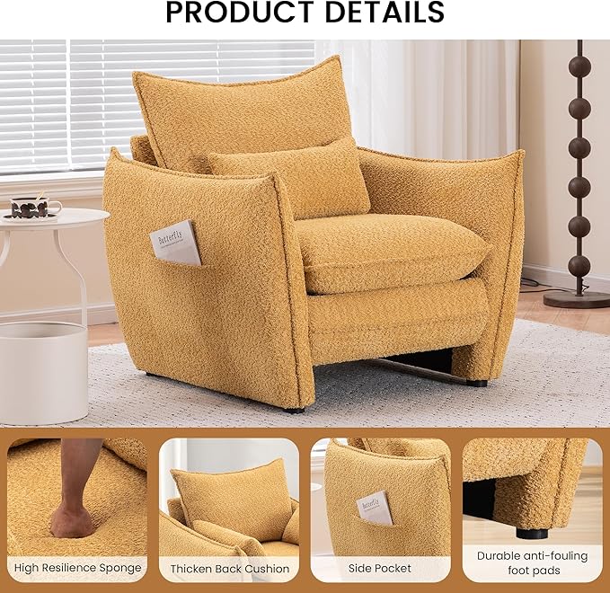 Chenille Oversized Accent Chairs, Modern Oversized Armchair with Removable Pillow, Comfy Living Room Chair with Side Pocket Storage for Bedroom, Office, Yellow
