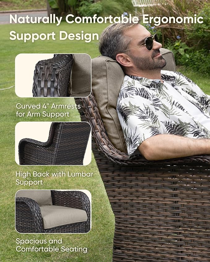 HUMMUH 3-Piece Swivel Rocking Rattan Chair Outdoor, Patio Bistro Furniture Conversation Set,Cushioned Wicker Chair with Glass Coffee Table(Brown, Grey)