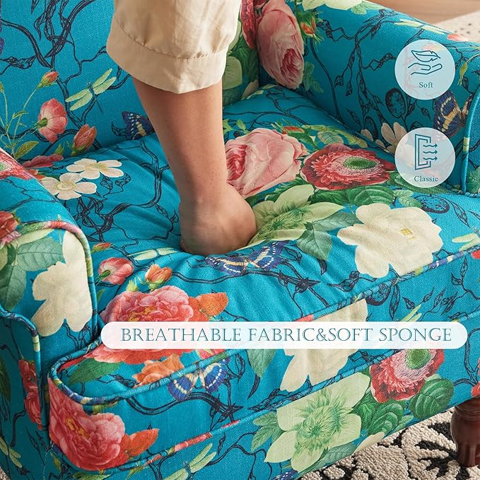 MELLCOM Floral Accent Chair, High Back Upholstered Armchair with Solid Legs, Leisure Single Sofa Chair for Living Room, Bedroom, Home Office, Teal Floral