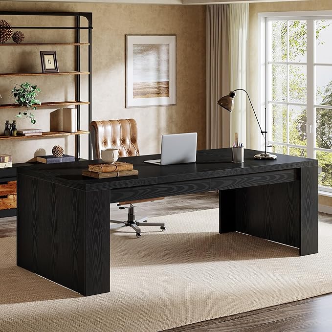 Tribesigns 70.9-Inch Executive Desk, Large Wooden Computer Office Desk with Sturdy Double Pedestal Legs, Writing Table Business Workspace Home Office Furniture for Home Office (Black)
