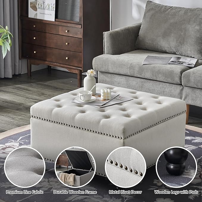 Ottoman with Storage, Large Storage Ottoman, 30 in Square Ottoman Coffee Table,Tufted Upholstered Coffee Tables for Living Room, Beige
