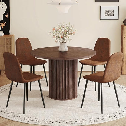 5 Piece Dining Table Set, 42" Round Dining Table Set for 4 with Storage and Suede Chairs, Round Kitchen Table and Chairs for 4 with Thick Wood Top, Roman Column Pedestal, Space-Saving