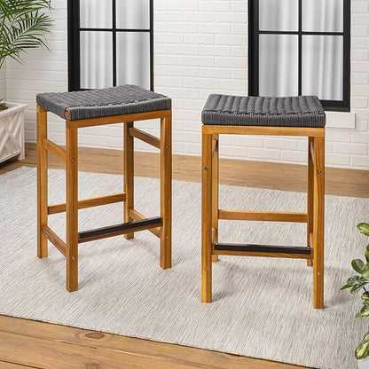 JONATHAN Y CSL1201B-SET2 Armand 25.6" Modern Coastal Backless Acacia Wood Outdoor Counter Stool with Woven Rope Seat, for Pool, Deck, Poolside, Light Teak/Grey (Set of 2)