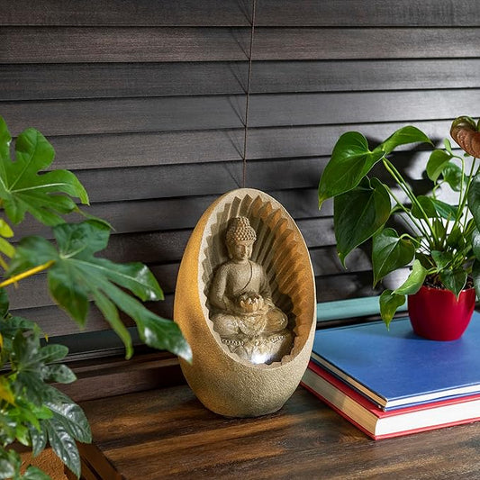 Alpine Corporation WIN322 Indoor/Outdoor Tabletop Buddha Fountain with LED Lights, Soothing Buddha Garden Fountain 11", Beige
