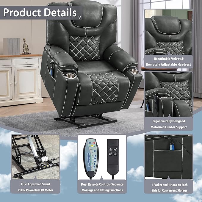 Power Lift Recliner for Seniors: 9988 High Density Foam Lift Chair With Heat and Massage, Reclining To 180, 2 Pockets Cup Holders, 2 Remote Controls, Dual OKIN Motors - Breathable Leather Gray