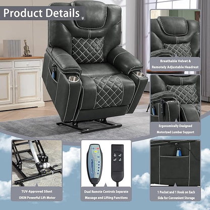 Power Lift Recliner for Seniors: 9988 High Density Foam Lift Chair With Heat and Massage, Reclining To 180, 2 Pockets Cup Holders, 2 Remote Controls, Dual OKIN Motors - Breathable Leather Gray