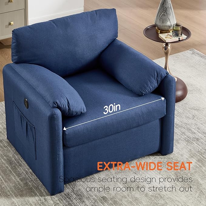 Oversized Accent Chair 38" Wide Mid-Century Modern Armchair for Living Room,USB and Type-C Ports,Comfy Reading Chairs for Bedroom with Side Pockets,Single Sofa Chair (Blue, Set of 1)