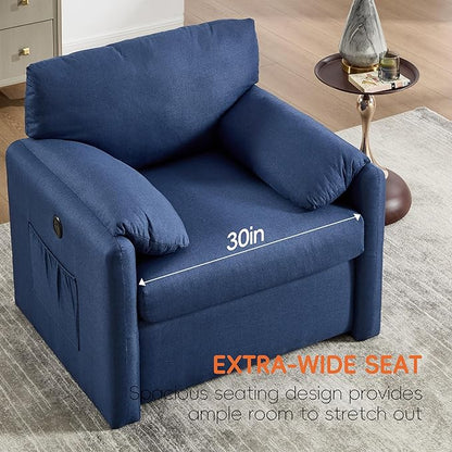 Oversized Accent Chair 38" Wide Mid-Century Modern Armchair for Living Room,USB and Type-C Ports,Comfy Reading Chairs for Bedroom with Side Pockets,Single Sofa Chair (Blue, Set of 1)