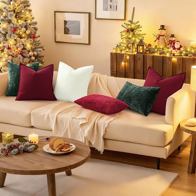 decorUhome Christmas Green Chenille Throw Pillow Covers 26x26 Set of 2 Thick Textured Slubby Couch Pillow Covers Farmhouse Accent Modern Neutral Decorative Pillow Cases for Bed Sofa Living Room