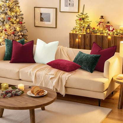 decorUhome Christmas Green Chenille Throw Pillow Covers 26x26 Set of 2 Thick Textured Slubby Couch Pillow Covers Farmhouse Accent Modern Neutral Decorative Pillow Cases for Bed Sofa Living Room