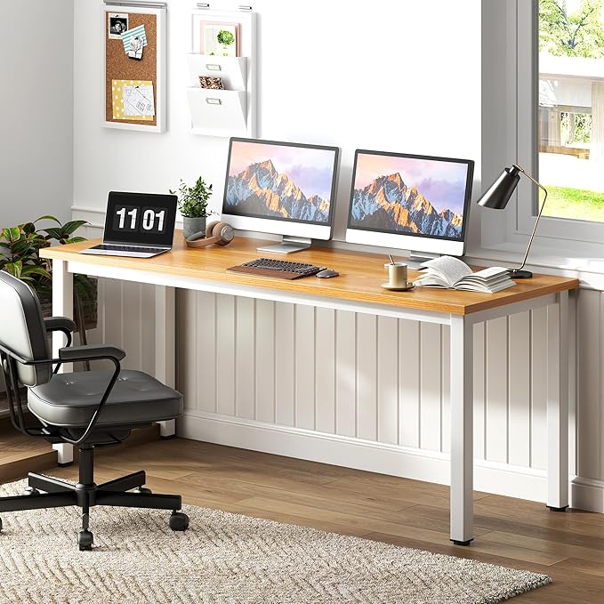 Need 63 Inch Large Computer Desk - Modern Simple Style Home Office Gaming Desk, Basic Writing Table for Study Student, White Metal Frame, Teak