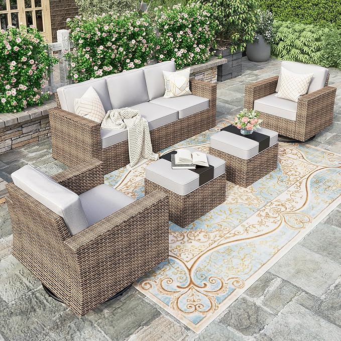 HERA'S HOUSE Swivel Glider Patio Furniture Set with 4.92" Wide Armrest 5.5" Thick Cushions, 5 Pieces Outdoor Wicker Conversation Sets for Lawn Backyard Deck, Grey