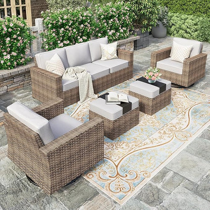 HERA'S HOUSE Swivel Glider Patio Furniture Set with 4.92" Wide Armrest 5.5" Thick Cushions, 5 Pieces Outdoor Wicker Conversation Sets for Lawn Backyard Deck, Grey