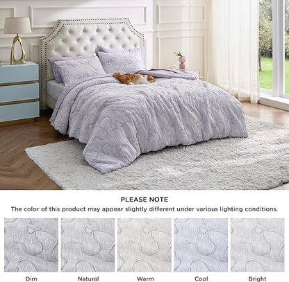 Bedsure Full Size Comforter Set, Light Purple Boho Tufted Bed Set, 3D Puffy Jacquard Bedding Full Size, 3 Pieces, 1 Farmhouse Shabby Chic Embroidery Comforter with Bow Pattern & 2 Pillow Cases